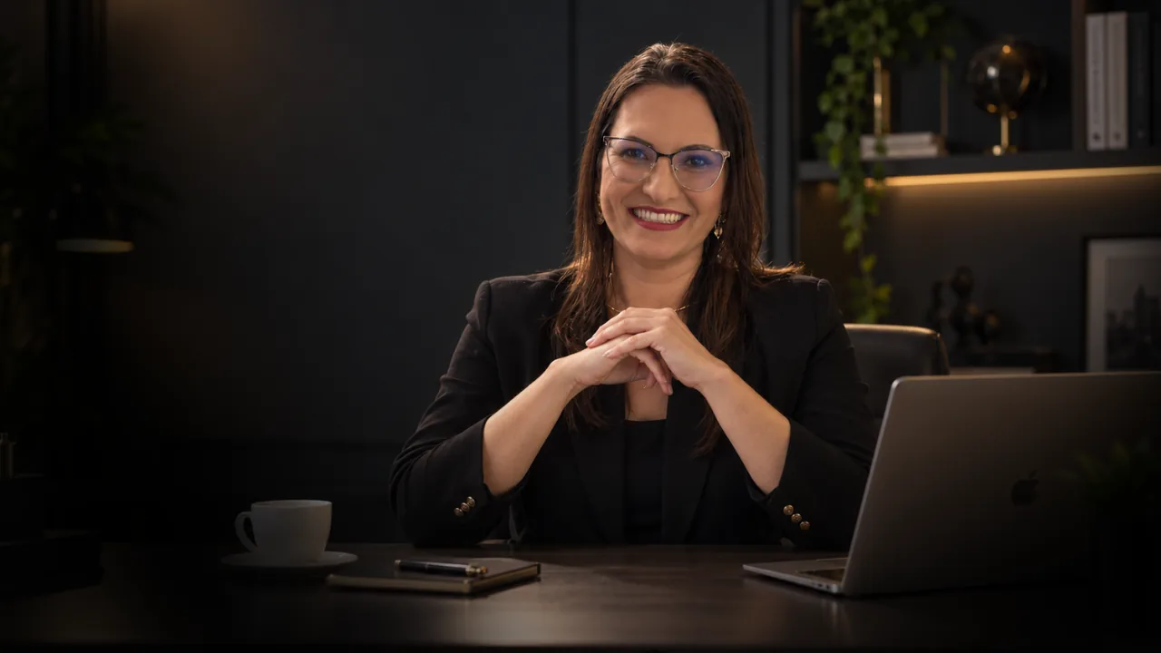 Simone Côrtes à mesa do escritório, de blazer preto, mãos cruzadas e sorrindo